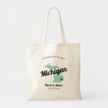 Any Colour Michigan Map Wedding Welcome Bag, Tote Bag<br><div class="desc">Wedding weekend welcome gift bag for out of town guests to your wedding, featuring image of Michigan. You may edit the colours for any part of this design, as well as move the heart to the location of your wedding. To change colours, click personalize and then "edit using the design...</div>