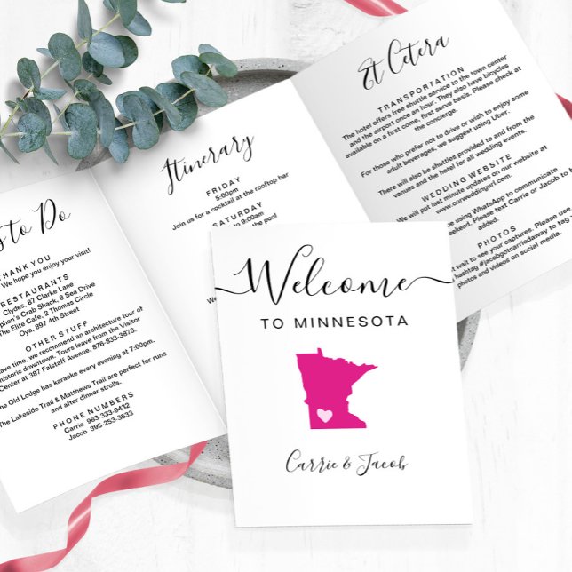 Any Colour Minnesota Map Wedding Welcome Itinerary Tri-Fold Programme (Minnesota wedding welcome letter & itinerary)