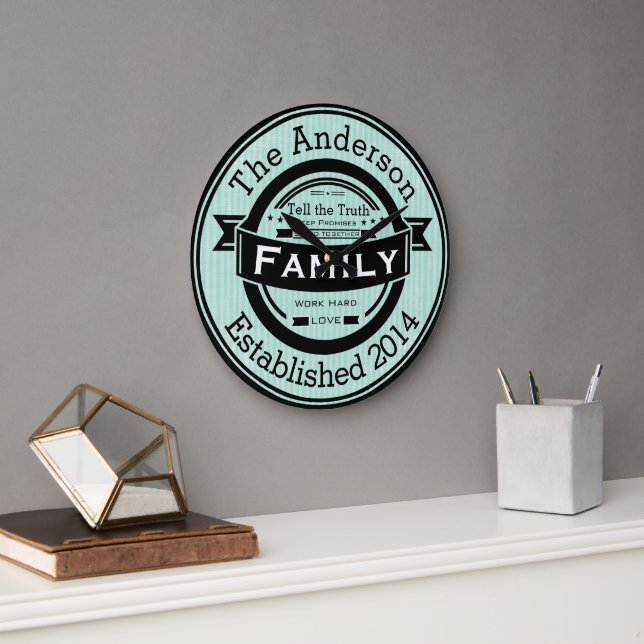 Any Colour Personalized Family Name Retro Style Large Clock (Office)