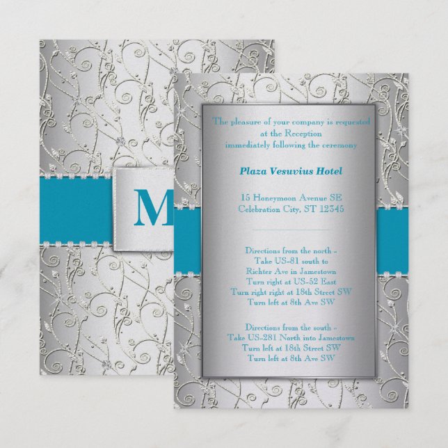 Any Colour Silver Shown with Turquoise Blue Weddin Invitation (Front/Back)