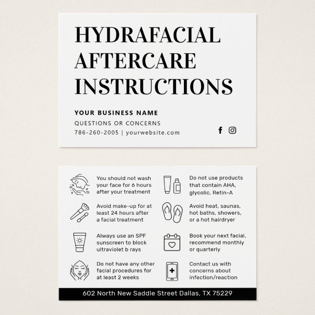 Any Colour Simple HydraFacial Aftercare Advice Car (Front & Back)