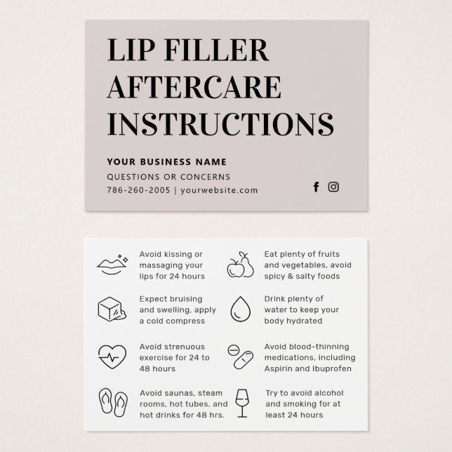 Any Colour Simple Lip Filler Botox Aftercare Card (Front & Back)