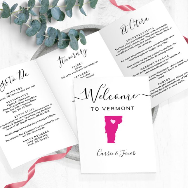 Any Colour Vermont Map Wedding Welcome Itinerary Tri-Fold Programme (Vermont wedding welcome letter & itinerary
)