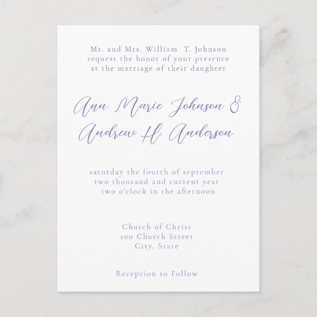 Any Colour Wedding Periwinkle Blue Invitation Postcard (Front)