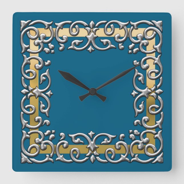 Any Colour with Gold and Silver Filigree Border Square Wall Clock (Front)