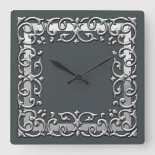 Any Colour with Silver Filigree Border Square Wall Clock