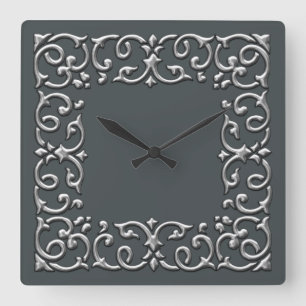 Any Colour with Silver Filigree Border Square Wall Clock