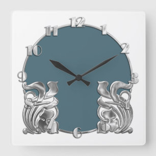 Any Colour with White Art Deco Silver Design Square Wall Clock