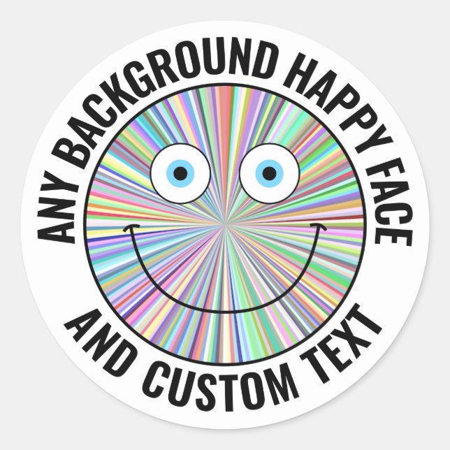 Any Custom Background, Colour Text Happy Face (BLK Classic Round Sticker (Front)