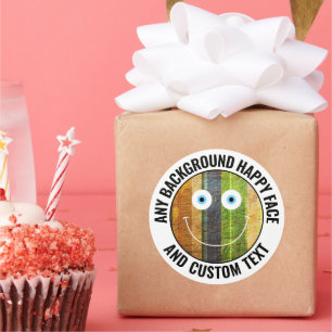 Any Custom Color, Background Text Happy Face (WHT) Classic Round Sticker