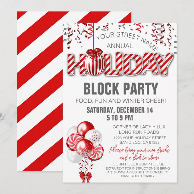 Any Event Balloon Peppermint Candy Holiday Invite (Front/Back)
