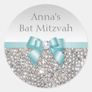 Any Event Faux Silver Sequins Teal Bow Diamond Classic Round Sticker