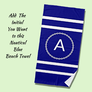 Any Initial Letter, White Chain Circle on Blue Beach Towel