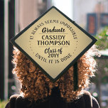 Any Inspirational Quote Class Year Black and Gold Graduation Cap Topper<br><div class="desc">Add an elegant personalized touch to your college or high school commencement with this metallic look inspirational graduation cap topper. Quote can be customized to a favourite motivational saying, school name and degree, thanks mom and dad, or any other message of your choice. Design features gold faux foil, stylish black...</div>