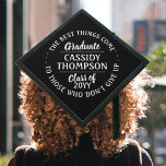 Any Inspirational Quote Class Year Black and White Graduation Cap Topper<br><div class="desc">Add an elegant personalized touch to your college or high school commencement with this simple black and white inspirational graduation cap topper. Quote can be customized to a favourite motivational saying, school name and degree, thanks mom and dad, or any other message of your choice. Design features stylish white script...</div>