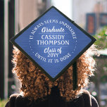 Any Inspirational Quote Class Year Blue and White Graduation Cap Topper<br><div class="desc">Add an elegant personalized touch to your college or high school commencement with this blue and white metallic look inspirational graduation cap topper. Quote can be customized to a favourite motivational saying, school name and degree, thanks mom and dad, or any other message of your choice. Design features royal blue...</div>