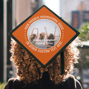 Any Inspirational Quote & Photo Orange and White Graduation Cap Topper