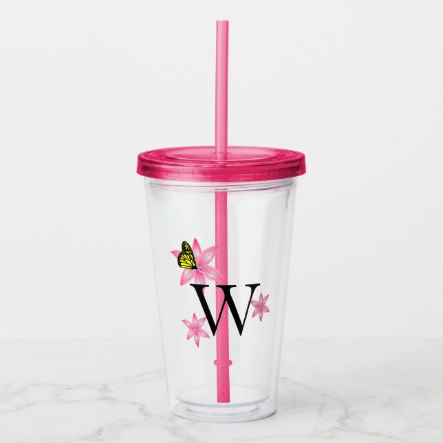 Any Letter Pink Floral Acrylic Tumbler (Front)