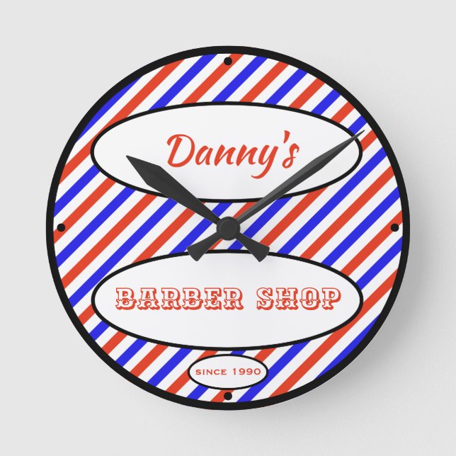 Any Name Barber Shop Since Date Stripes - Round Clock (Front)