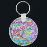 Any Name Collage Girly Keychain with Flowers<br><div class="desc">These fun keychains feature a colourful girly design personalized with the name of your choice appearing in numerous different fonts and colours. The names are displayed over a blue background with multi-coloured flowers. Great gift or favour for a girl's birthday party, or any time you want a fun keychain with...</div>