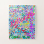 Any Name Collage Puzzle with Flowers<br><div class="desc">This fun puzzle features a colourful girly design with the name of your choice appearing in numerous different fonts and colours. The names are displayed over a blue background with colourful flowers. Great gift for any girl who might like a personalized puzzle!</div>