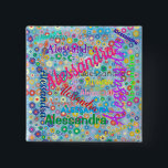 Any Name Collage with Flowers Personalized Button<br><div class="desc">This button features a colourful design with the name of your choice appearing in numerous different fonts and colours. The names are displayed over a blue background with colourful flowers. Great as a nametag or just for fun!</div>