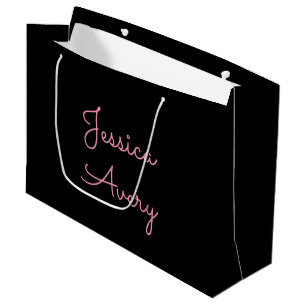 Any Name   Cool Editable Pink Script on Black Large Gift Bag