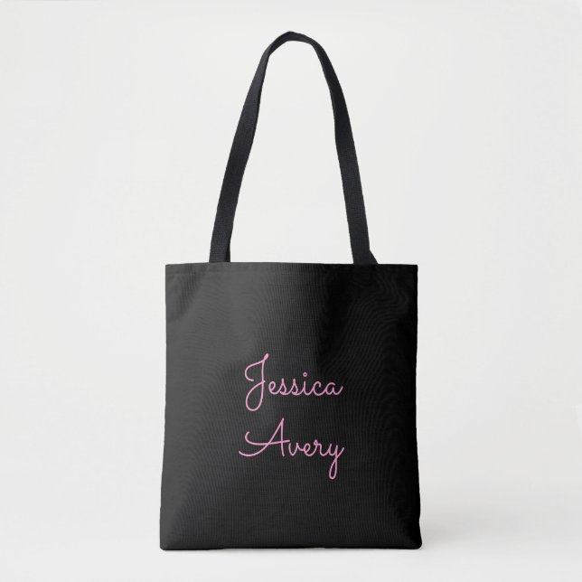 Any Name | Cool Editable Pink Script on Black Tote Bag (Front)