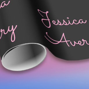 Any Name   Cool Editable Pink Script on Black Wrapping Paper