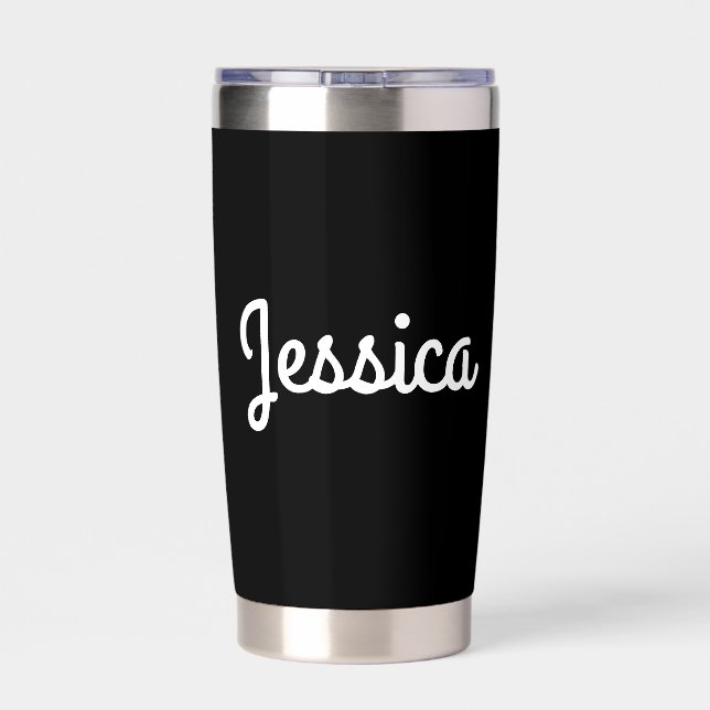 Any Name Cool Stylish Bold White Cursive on Black Insulated Tumbler (Back)