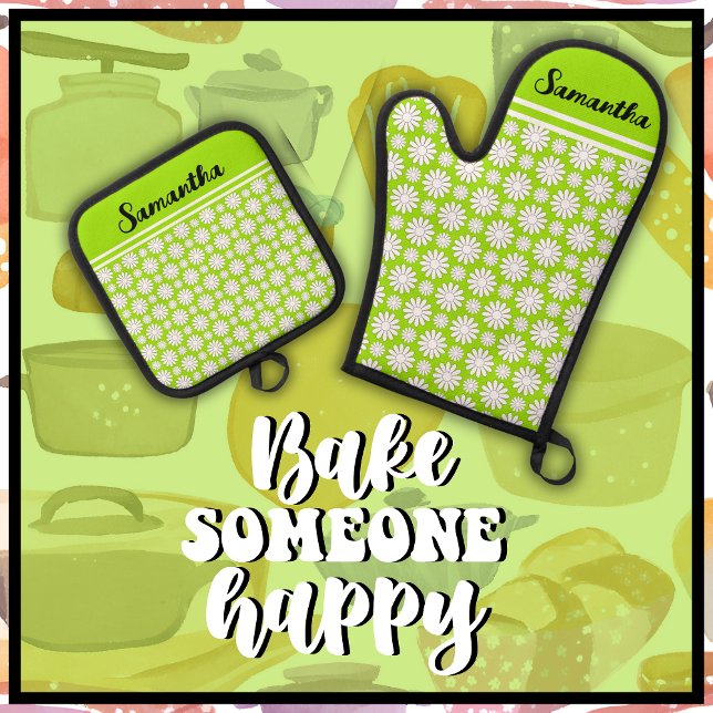 Any Name Cute Floral Daisy Pattern Oven Mitt & Pot Holder Set (Bake Someone Happy with this cute light green & white daisy pattern oven mitt and pot holder set.)