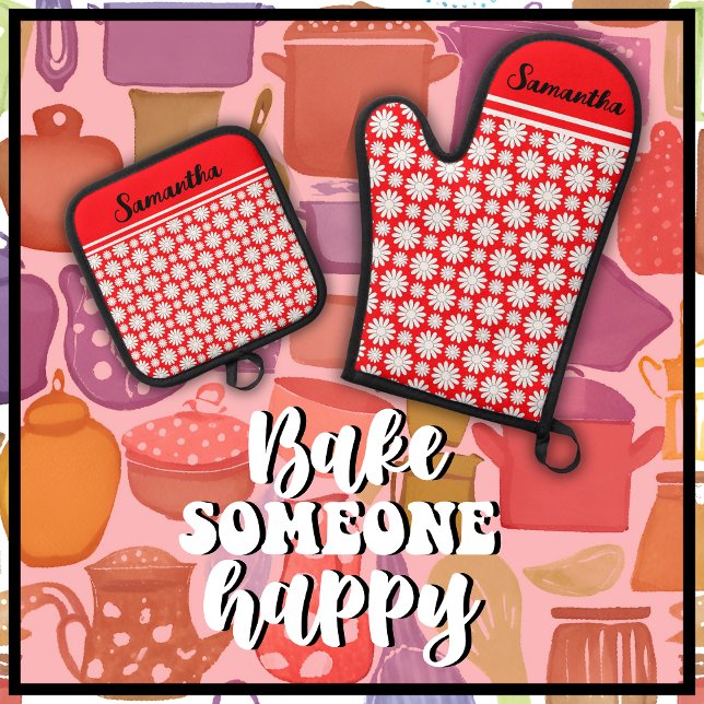 Any Name Cute Floral Daisy Pattern Oven Mitt & Pot Holder Set (Bake Someone Happy with this cute red & white daisy pattern oven mitt and pot holder set.)