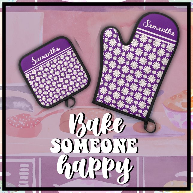 Any Name Cute Floral Daisy Pattern Oven Mitt & Pot Holder Set (Bake Someone Happy with this cute purple & white daisy pattern oven mitt and pot holder set.)