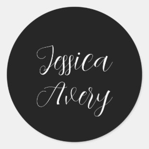 Any Name   Elegant Editable White Script on Black Classic Round Sticker