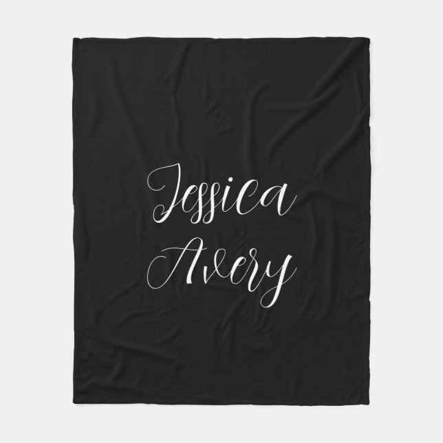 Any Name | Elegant Editable White Script on Black Fleece Blanket (Front)