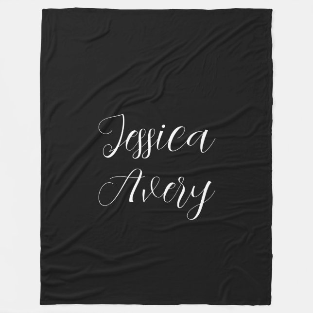 Any Name | Elegant Editable White Script on Black Fleece Blanket (Front)