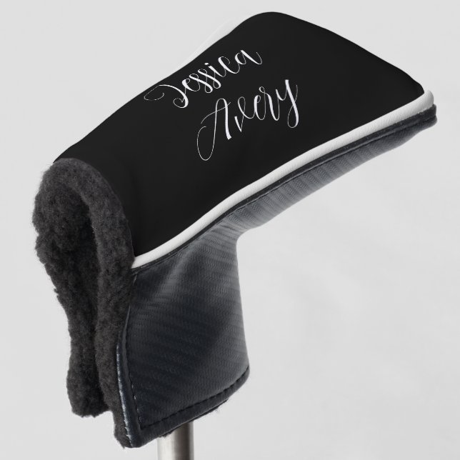 Any Name | Elegant Editable White Script on Black Golf Head Cover (3/4 Front)