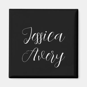 Any Name   Elegant Editable White Script on Black Magnet