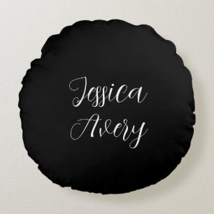 Any Name Elegant Editable White Script on Black Round Pillow
