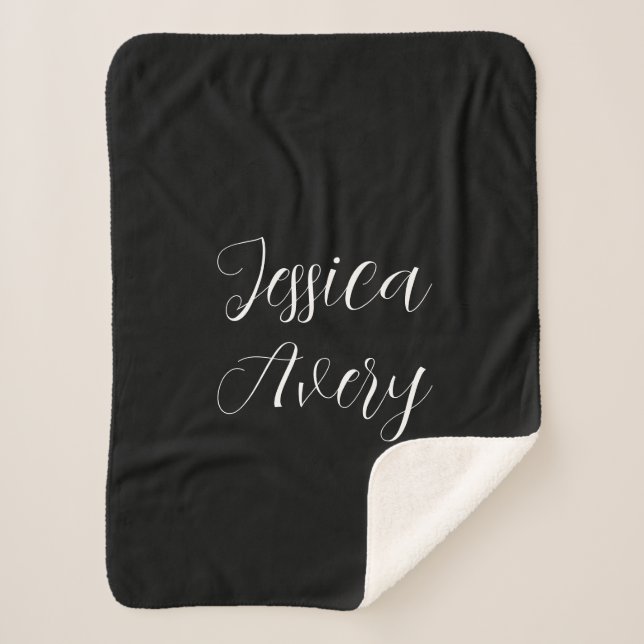 Any Name | Elegant Editable White Script on Black Sherpa Blanket (Front)