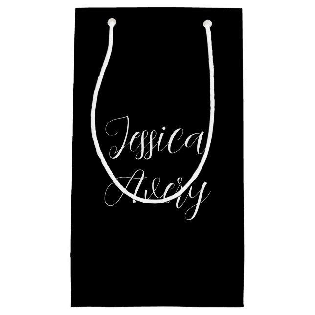Any Name | Elegant Editable White Script on Black Small Gift Bag (Front)