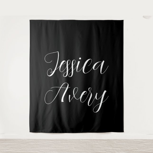 Any Name | Elegant Editable White Script on Black Tapestry (Front)