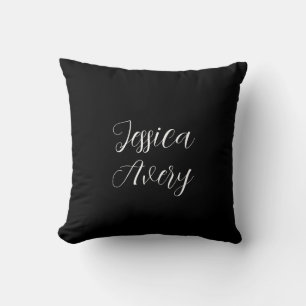 Any Name Elegant Editable White Script on Black Throw Pillow
