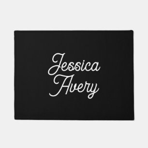 Any Name    Elegant Vintage White Script on Black Doormat