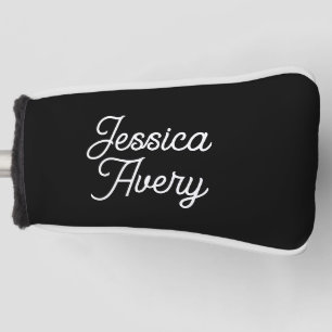Any Name    Elegant Vintage White Script on Black Golf Head Cover