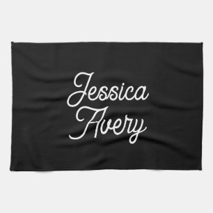 Any Name    Elegant Vintage White Script on Black Kitchen Towel