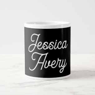 Any Name    Elegant Vintage White Script on Black Large Coffee Mug