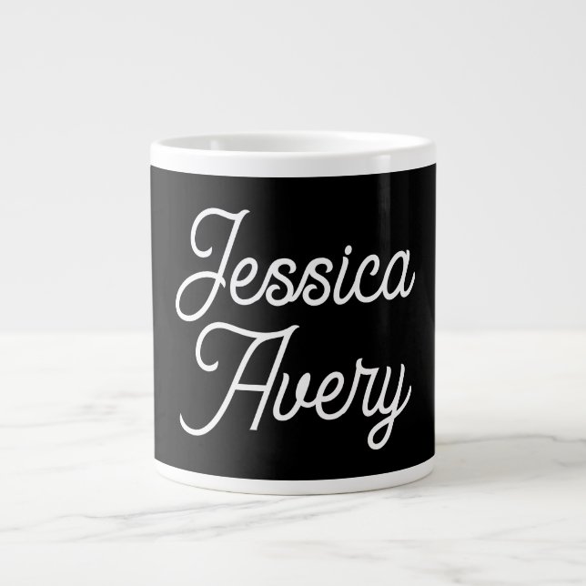 Any Name  | Elegant Vintage White Script on Black Large Coffee Mug (Front)