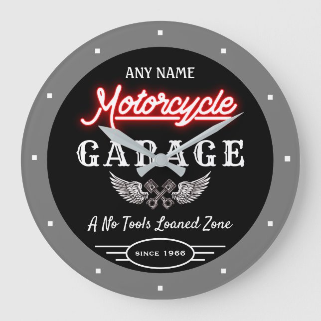 Any Name Faux Neon Garage Since Date Grey Black Large Clock (Front)