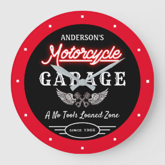 Any Name Faux Neon Garage Since Date Red Black Large Clock